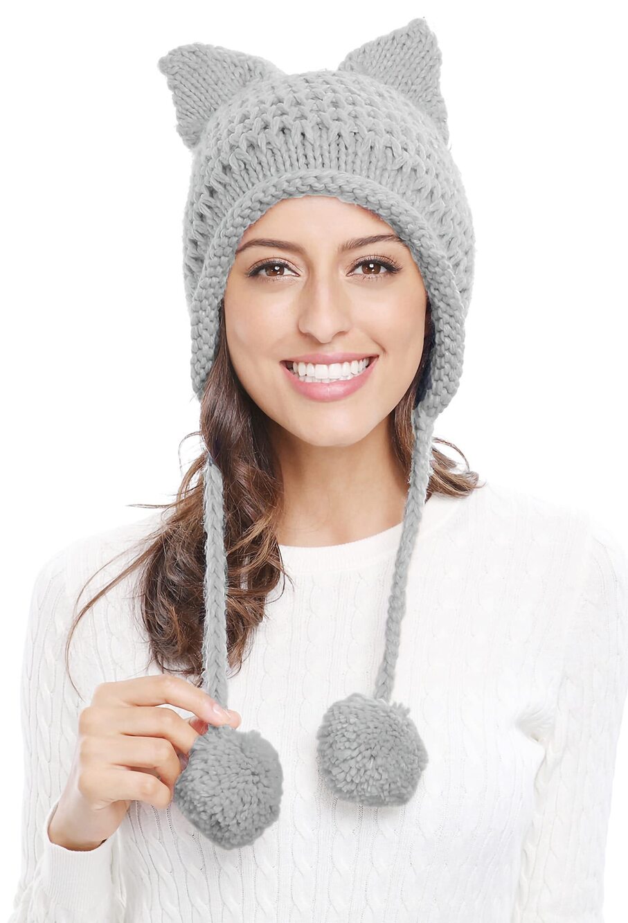 7260 Winter Cute Cat Ears Knit Hat Ear Flap Crochet Beanie Hat,Light Grey